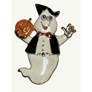 Halloween Pin Brooch Ghost Wearing Top Hat & Holding Pumpkin